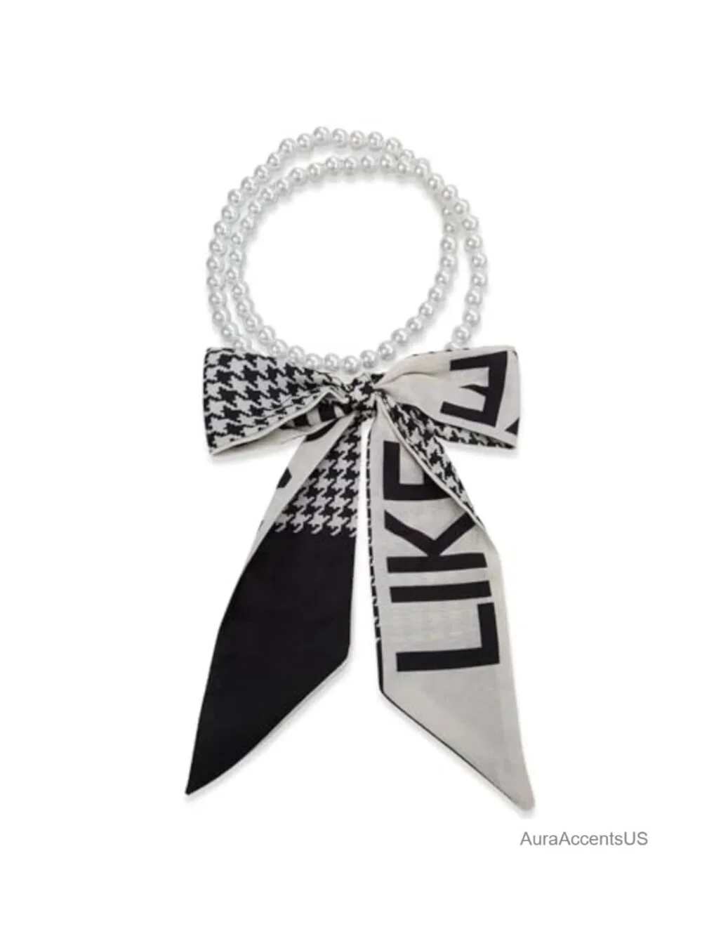 Silk Scarf Necklace Women Narrow Long Neckerchief Pearl Necklace Flower Stripe
